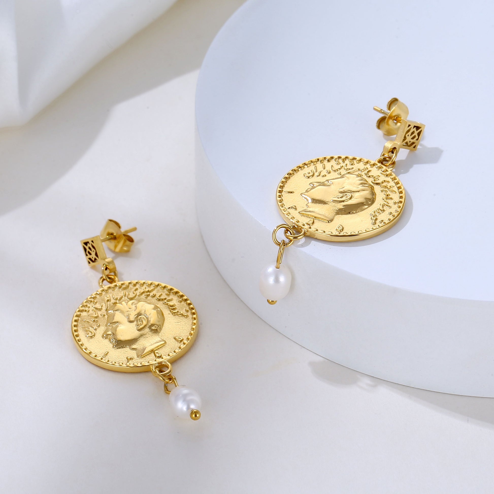 Pahlavi Coin with Pearl Earrings - OMID